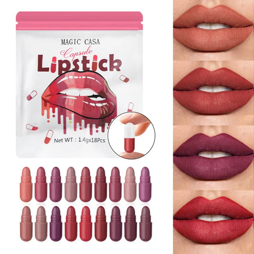 MAGIC CASA 18-Color Capsule Lipstick Set - Mini Matte, Long-lasting, Waterproof, Non-transfer，Soft matte finish
