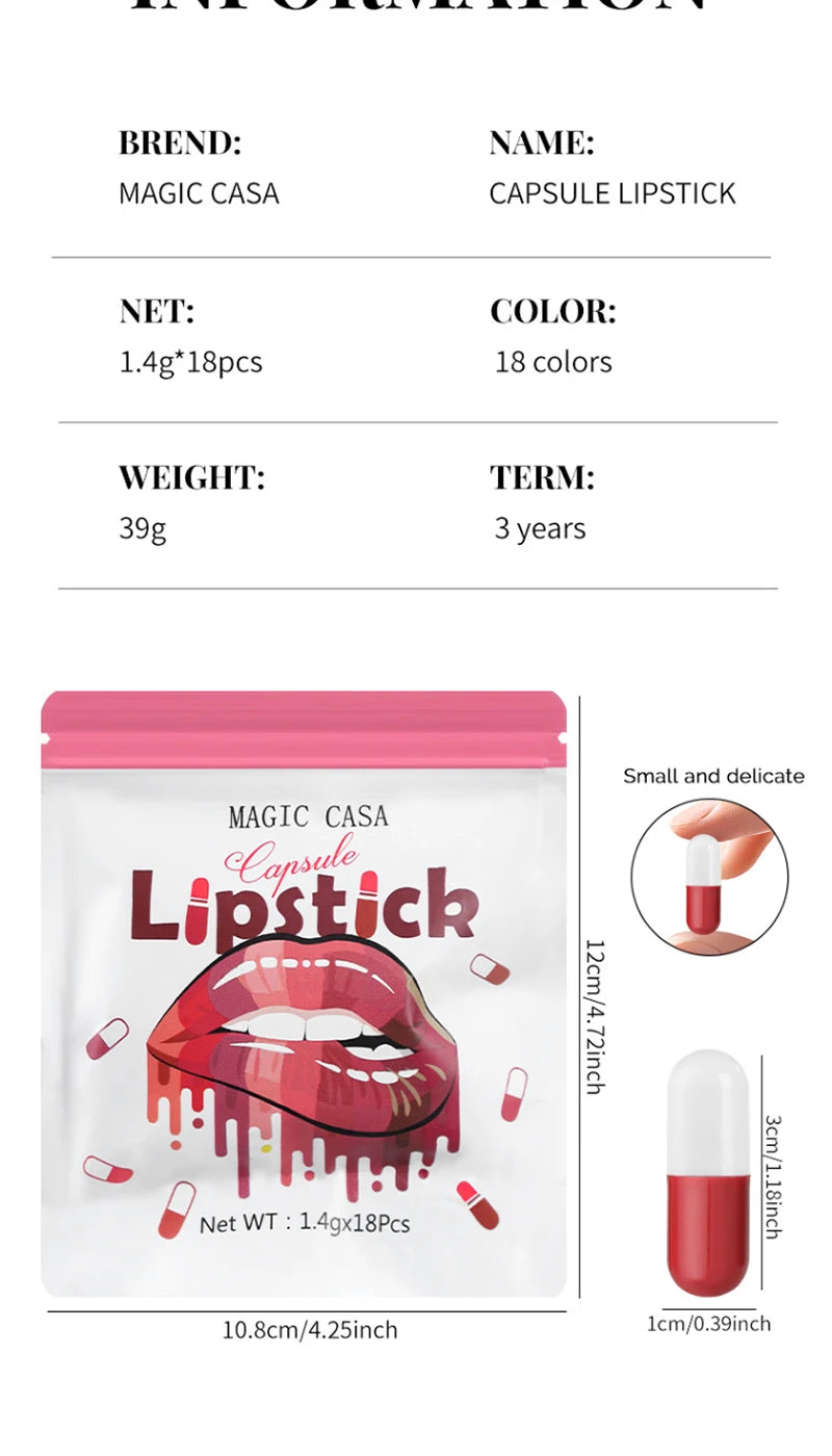 MAGIC CASA 18-Color Capsule Lipstick Set - Mini Matte, Long-lasting, Waterproof, Non-transfer，Soft matte finish