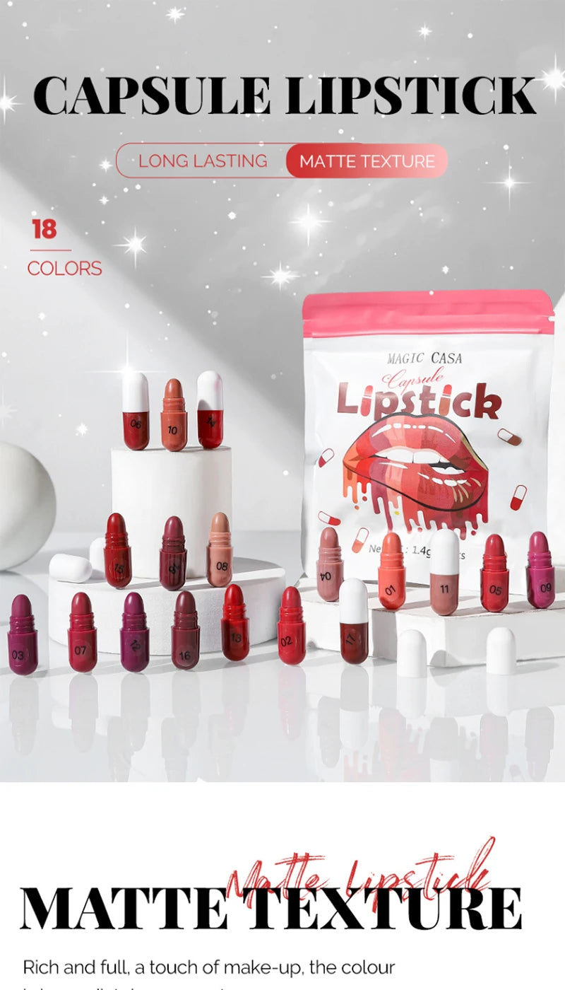 MAGIC CASA 18-Color Capsule Lipstick Set - Mini Matte, Long-lasting, Waterproof, Non-transfer，Soft matte finish