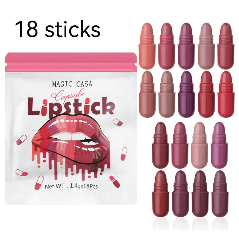 MAGIC CASA 18-Color Capsule Lipstick Set - Mini Matte, Long-lasting, Waterproof, Non-transfer，Soft matte finish